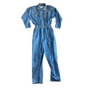 Embroidered Vintage Western Denim Jumpsuit - Blue